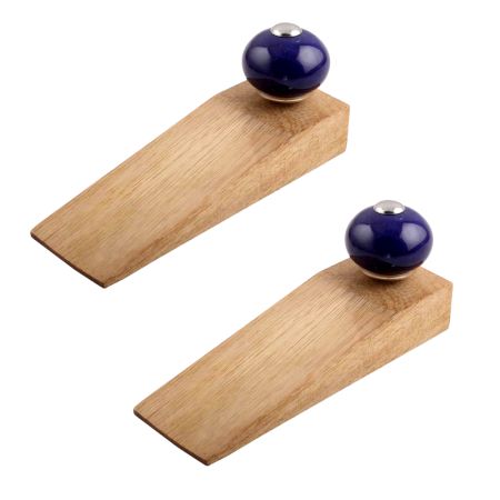 2 Pieces Navy Blue Round Ceramic Wooden Door Stopper