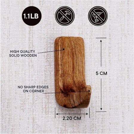 Small Natural Wooden No Drill Adheshive Wall Hook