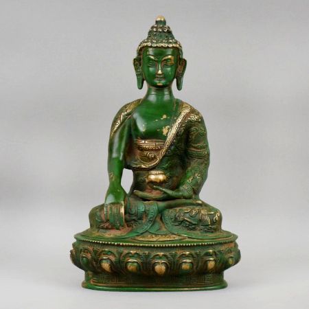 Handcrafted Brass Buddha Murti Green Patina Meditation Statue