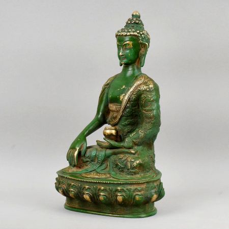 Handcrafted Brass Buddha Murti Green Patina Meditation Statue