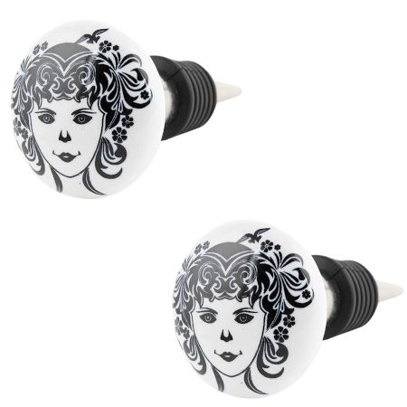 2 Pieces White Base Black Baby Flat Ceramic Wine Bottle Stopper