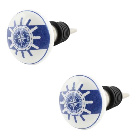 2 Pieces Ship Wheel Slate Blue Flat Ceramic Wine Bottle Stopper