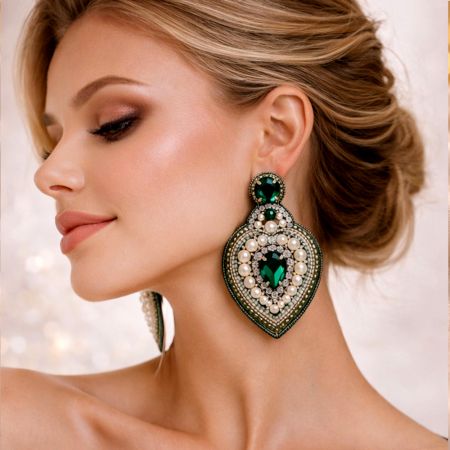 Handmade Jewelry Emerald Pearl Drop Earrings