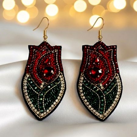 Handmade Jewelry Red Green Beaded Statement Earrings