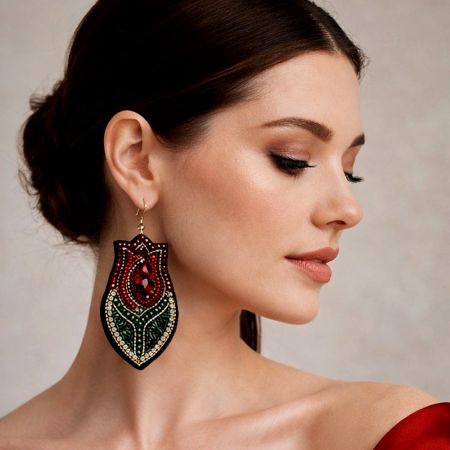 Handmade Jewelry Red Green Beaded Statement Earrings