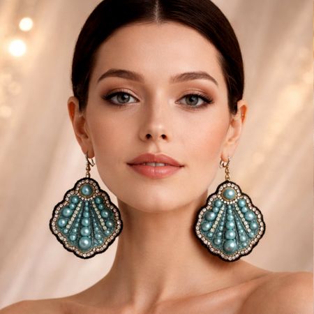 Handmade Jewelry Pearl Blue Statement Drop Earrings