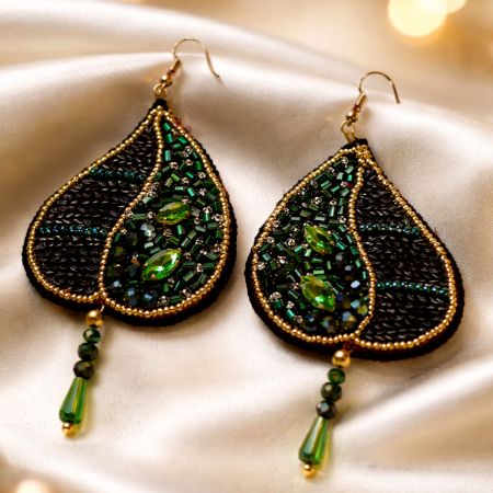 Handmade Jewelry Green Beaded Leaf Earrings