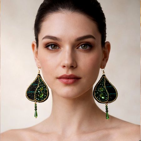 Handmade Jewelry Green Beaded Leaf Earrings