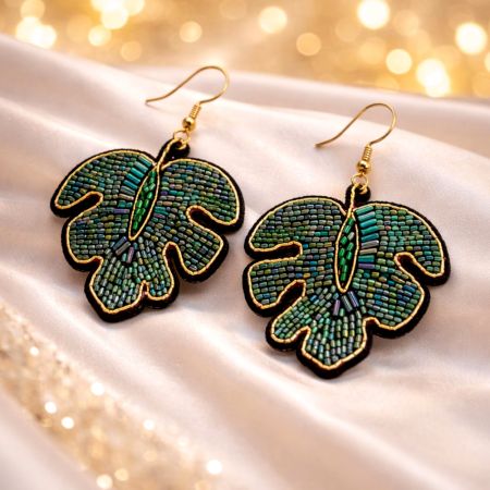 Handmade Jewelry Tropical Leaf Beaded Earrings