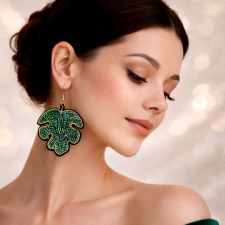 Handmade Jewelry Tropical Leaf Beaded Earrings
