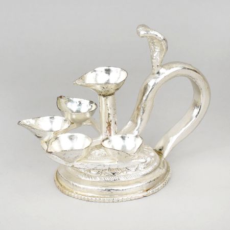 Handcrafted Silver Plated Copper Multi Diya Stand with Handle