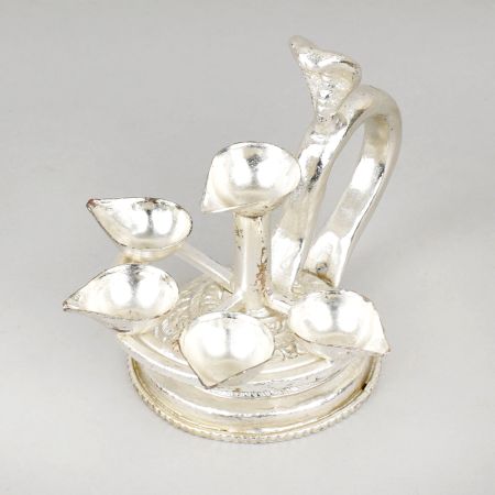 Handcrafted Silver Plated Copper Multi Diya Stand with Handle