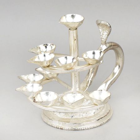 Handcrafted Silver Plated Copper Multi Tier Diya Stand with Handle