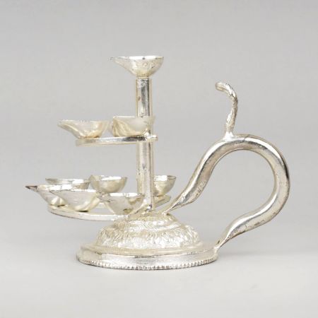 Handcrafted Silver Plated Copper Multi Tier Diya Stand with Handle