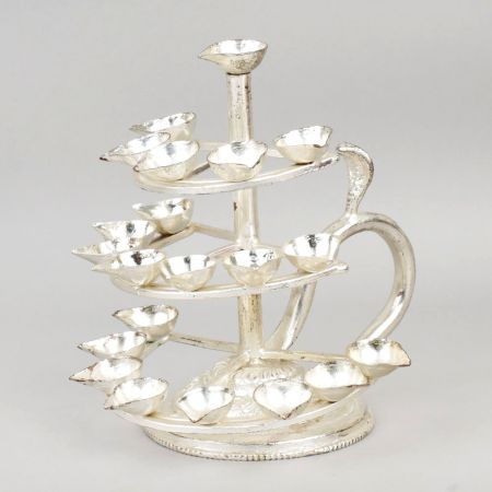 Handcrafted Silver Plated Copper Three Tier Diya Stand with Handle