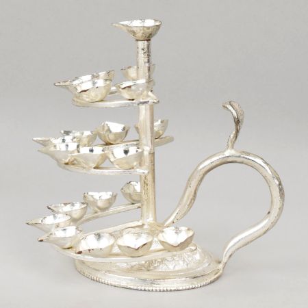 Handcrafted Silver Plated Copper Three Tier Diya Stand with Handle