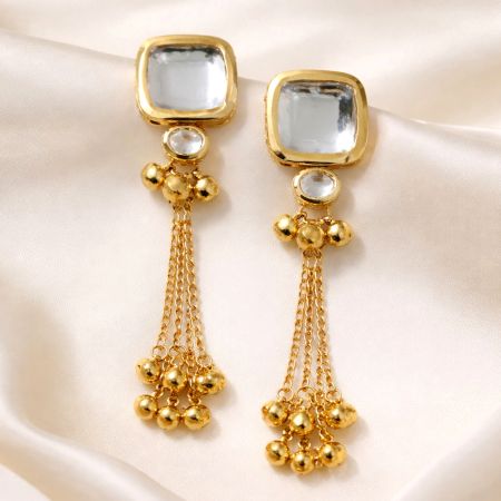 Handcrafted Golden Kundan Tassel Drop Earrings for Women