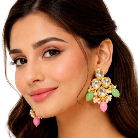 Handcrafted Elegant Kundan Drop Earrings with Pastel Beads