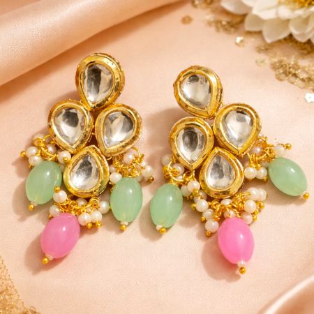 Handcrafted Elegant Kundan Drop Earrings with Pastel Beads