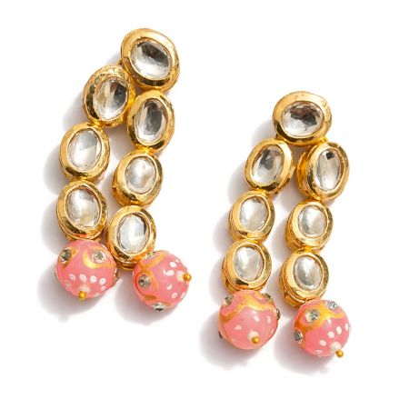 Handcrafted Classic Kundan Cascade Earrings with Pink Bead Drops