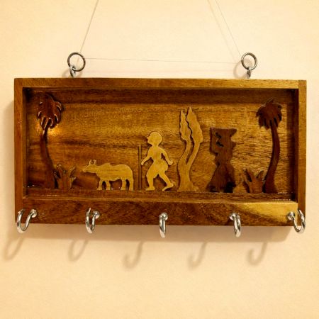 Handcrafted Wood Village Scene Key Holder