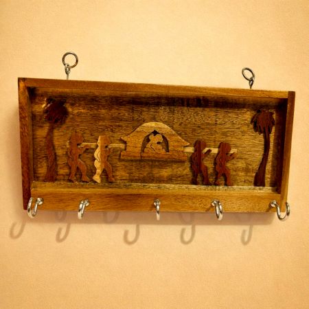 Handmade Wood Village Key Holder with Hooks