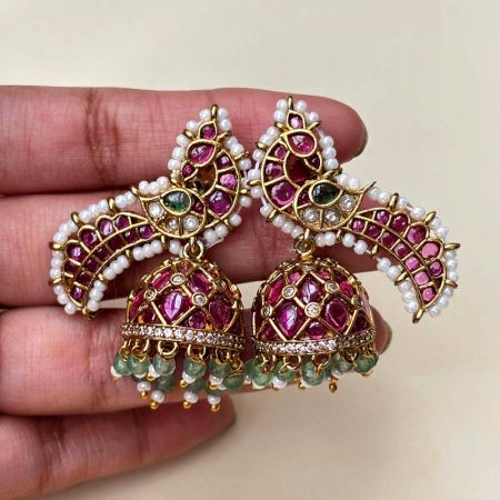 Handmade Brass Metal Jewellery Kemp Peacock Jhumka Earrings
