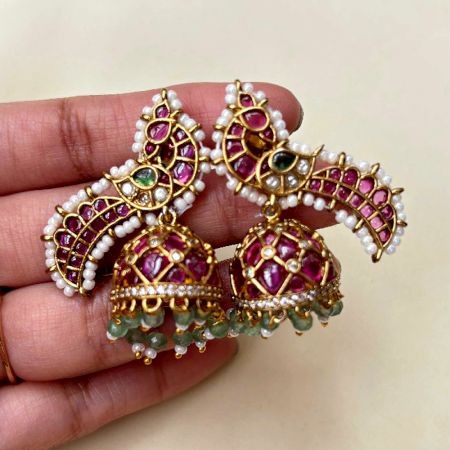 Handmade Brass Metal Jewellery Kemp Peacock Jhumka Earrings