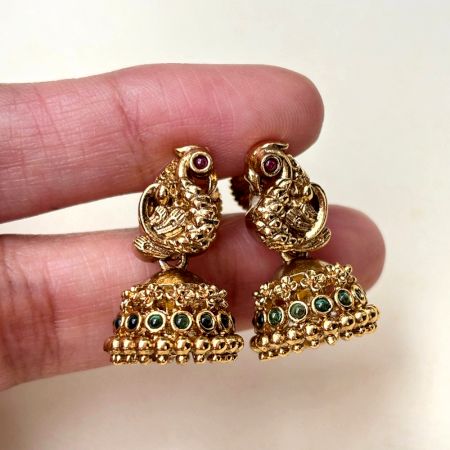 Handmade Brass Metal Jewellery Green Stone Jhumka Earrings