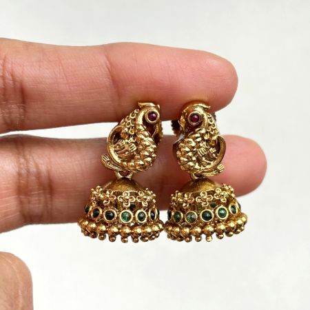 Handmade Brass Metal Jewellery Green Stone Jhumka Earrings