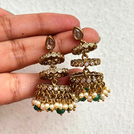 Handmade Brass Metal Jewellery Pearl Layer Jhumka Earrings