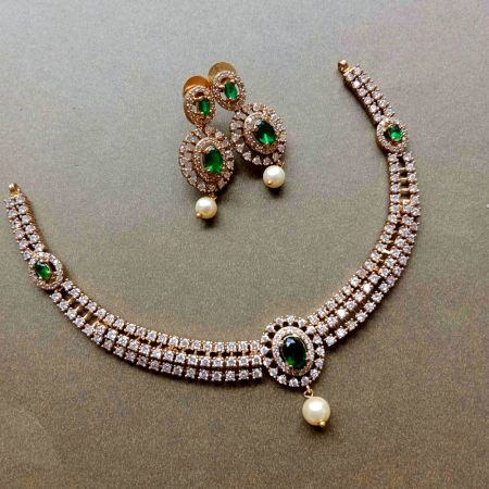 Handmade Brass Metal Jewellery Green Pearl Necklace Set