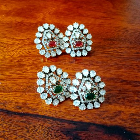 Handmade Brass Metal Jewellery Green Kundan Stud Earrings