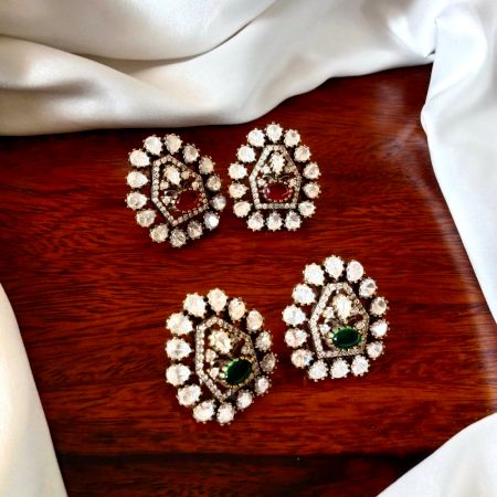 Handmade Brass Metal Jewellery Green Kundan Stud Earrings