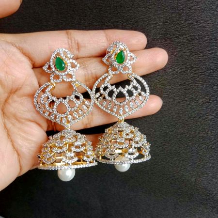 Handmade Brass Metal Jewellery Green Chandbali Jhumkas