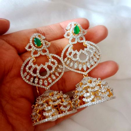 Handmade Brass Metal Jewellery Green Chandbali Jhumkas