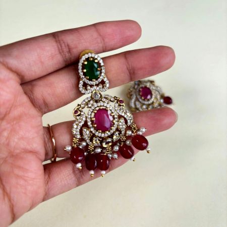 Handmade Brass Metal Jewellery Ruby Green Chandbali Earrings