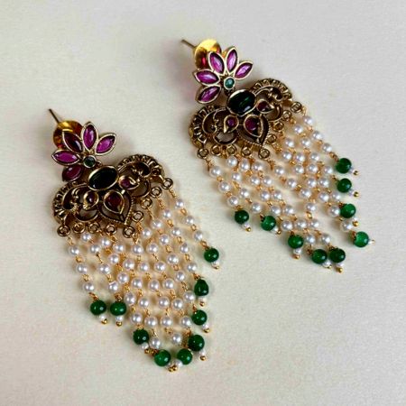 Handmade Brass Metal Jewellery Pearl Tassel Earrings