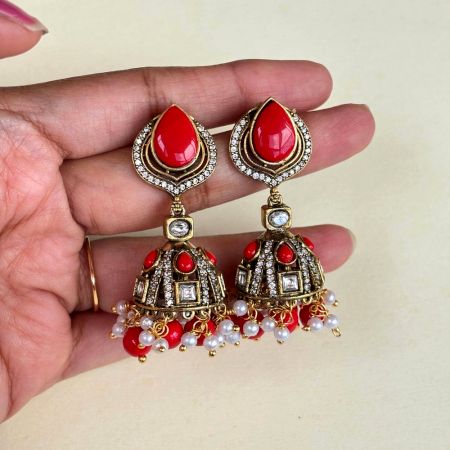 Handmade Brass Metal Jewellery Red Teardrop Jhumkas