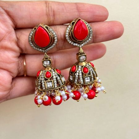 Handmade Brass Metal Jewellery Red Teardrop Jhumkas