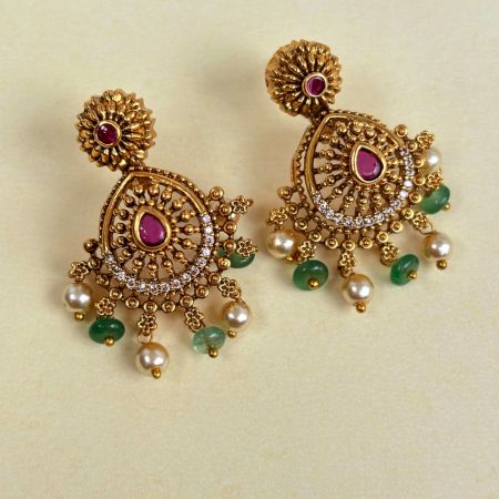 Handmade Brass Metal Jewellery Ruby Pearl Chandbali Earrings