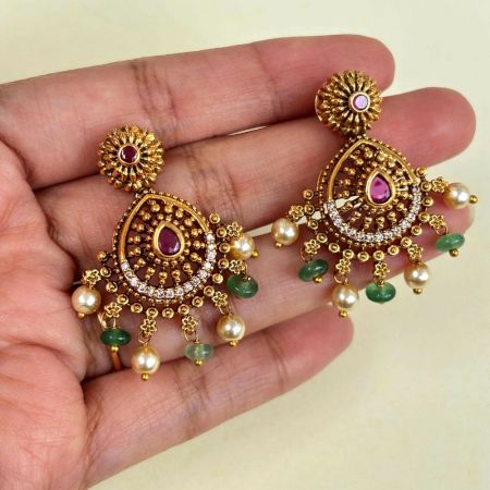 Handmade Brass Metal Jewellery Ruby Pearl Chandbali Earrings