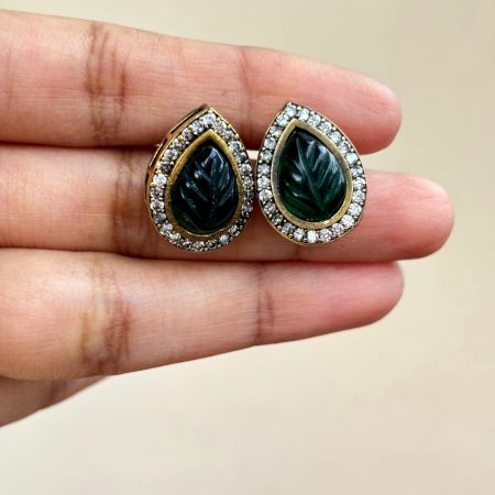 Handmade Brass Metal Jewellery Green Teardrop Studs