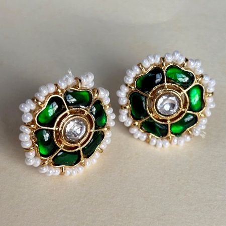 Handmade Brass Metal Jewellery Green Floral Stud Earrings