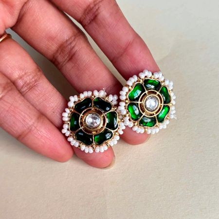 Handmade Brass Metal Jewellery Green Floral Stud Earrings