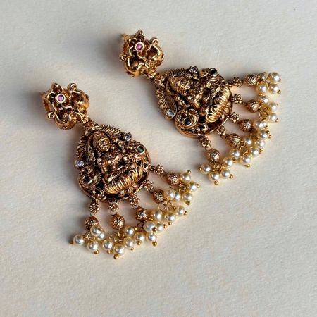 Handmade Brass Metal Jewellery Lakshmi Pearl Drop Earrings