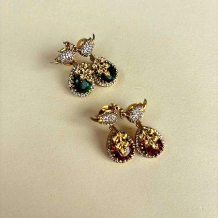 Handmade Brass Metal Jewellery Green Bird Drop Earrings