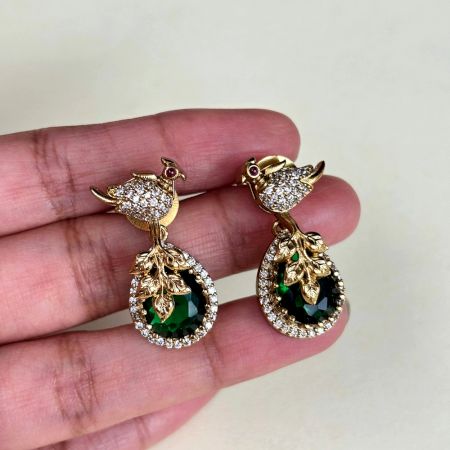 Handmade Brass Metal Jewellery Green Bird Drop Earrings