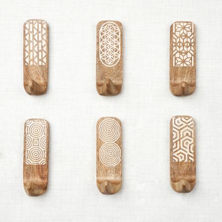 6 Pieces Designer Wooden Adhesive Wall Hooks With Geometric Patterns