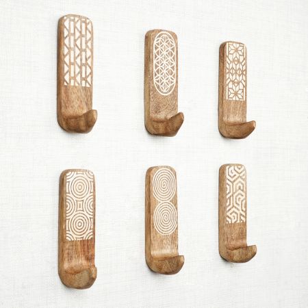 6 Pieces Designer Wooden Adhesive Wall Hooks With Geometric Patterns